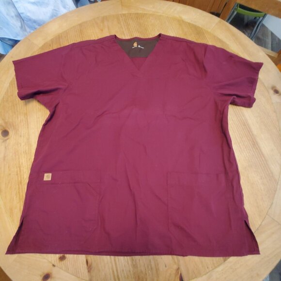 Men's XL Carhartt C15208 Short Sleeve Multi-Pocket Scrub Top Maroon V-Neck - Picture 1 of 10